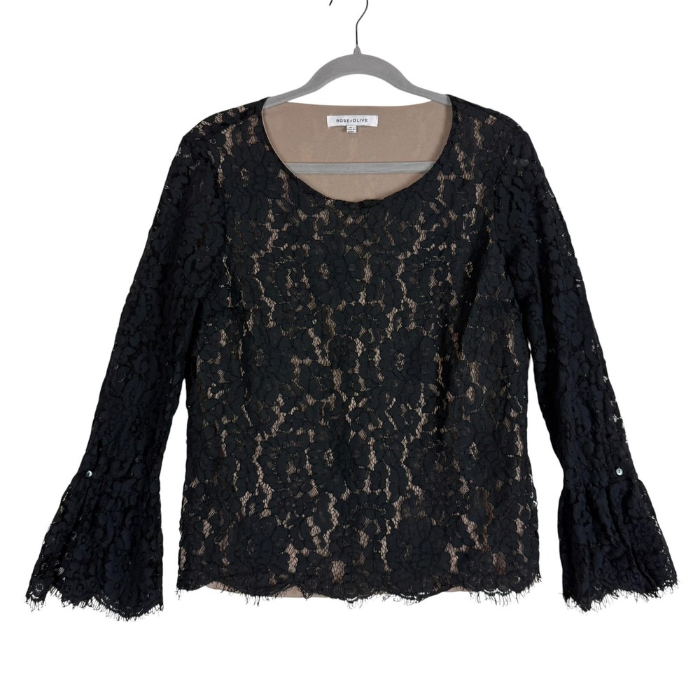 ROSE + OLIVE Blouse Womens Medium Black Floral Lace Bell Sleeve Scoop Neck Lined